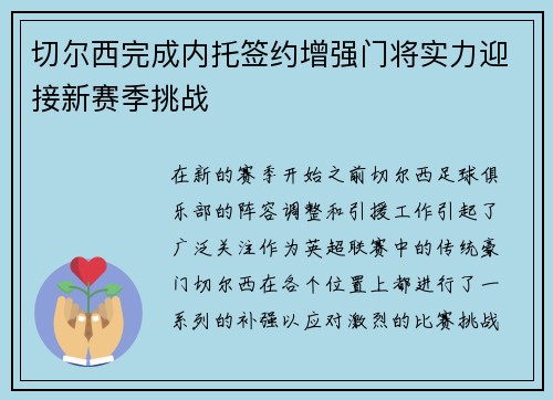 切尔西完成内托签约增强门将实力迎接新赛季挑战